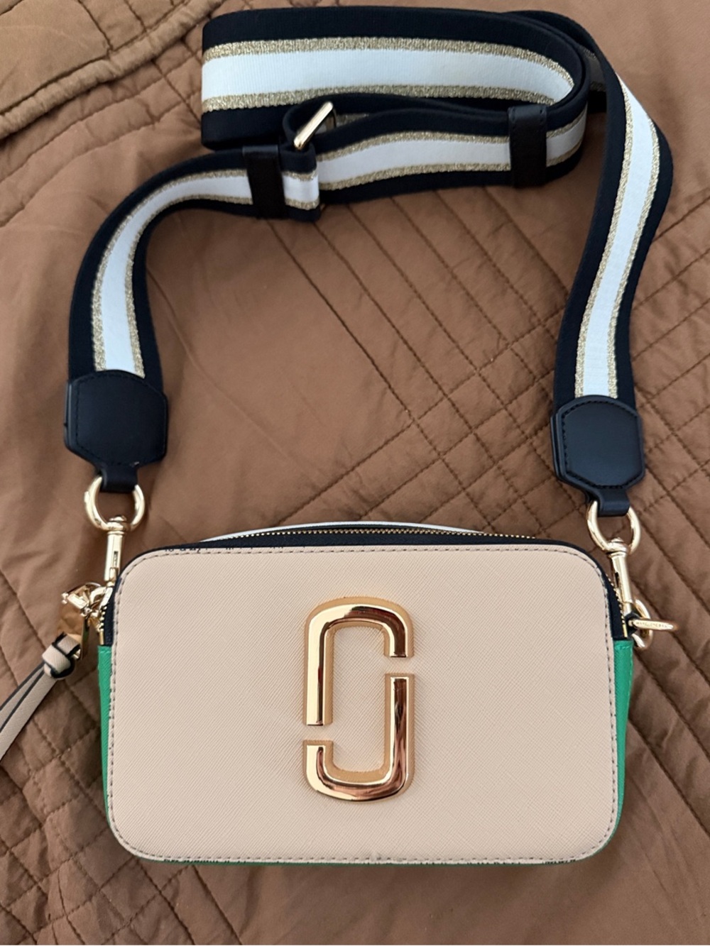 Marc Jacobs Beige and Green Snapshot Crossbody with Striped Strap
